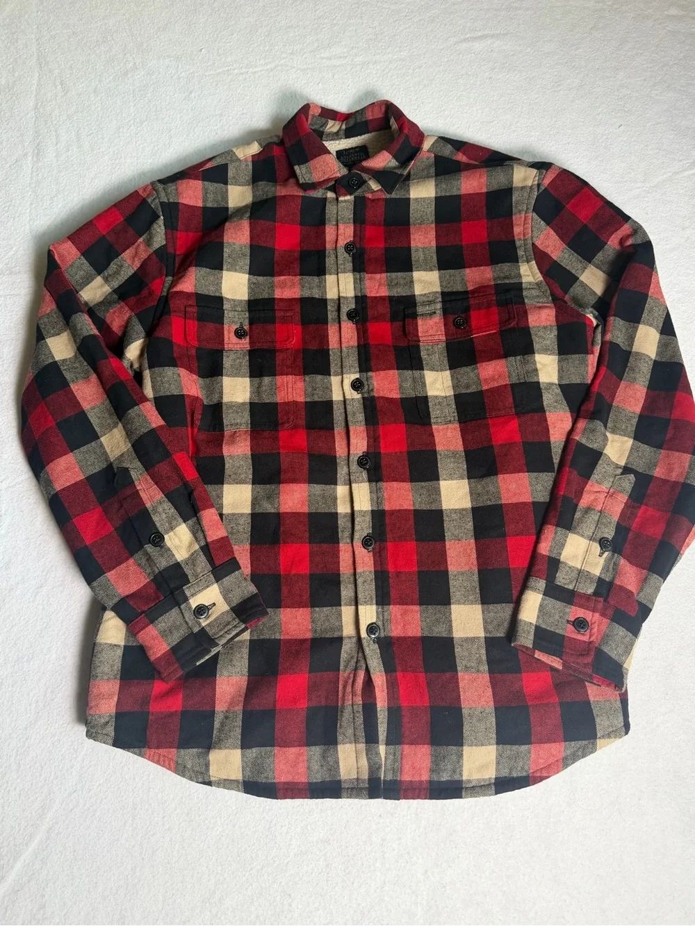J. Crew Red, Black & Cream Plaid Button-Down Sherpa Lined Shirt